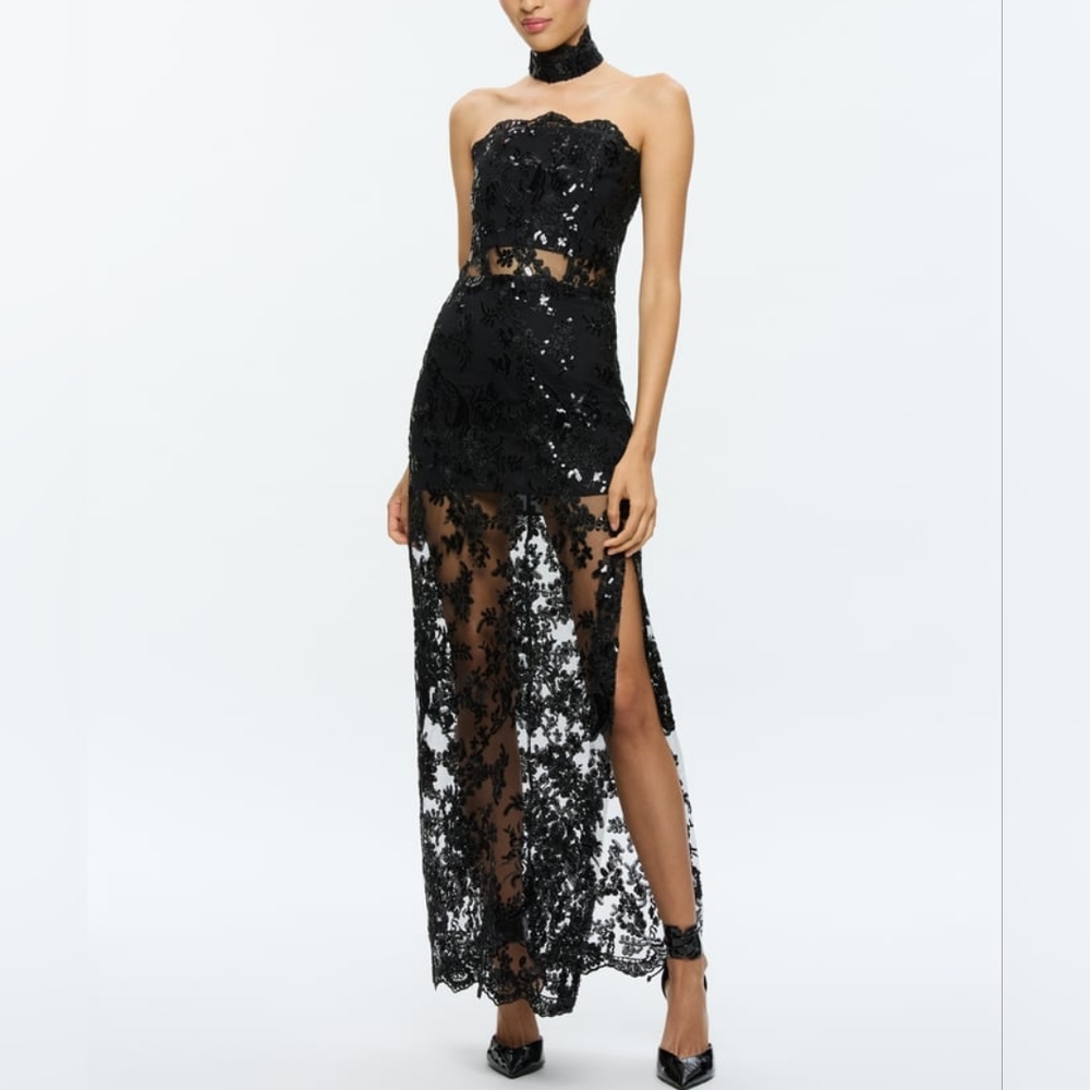 Alice + Olivia EMBELLISHED STRAPLESS HIGH SLIT GOWN WITH COLLAR NO NEGOTIATIONs
